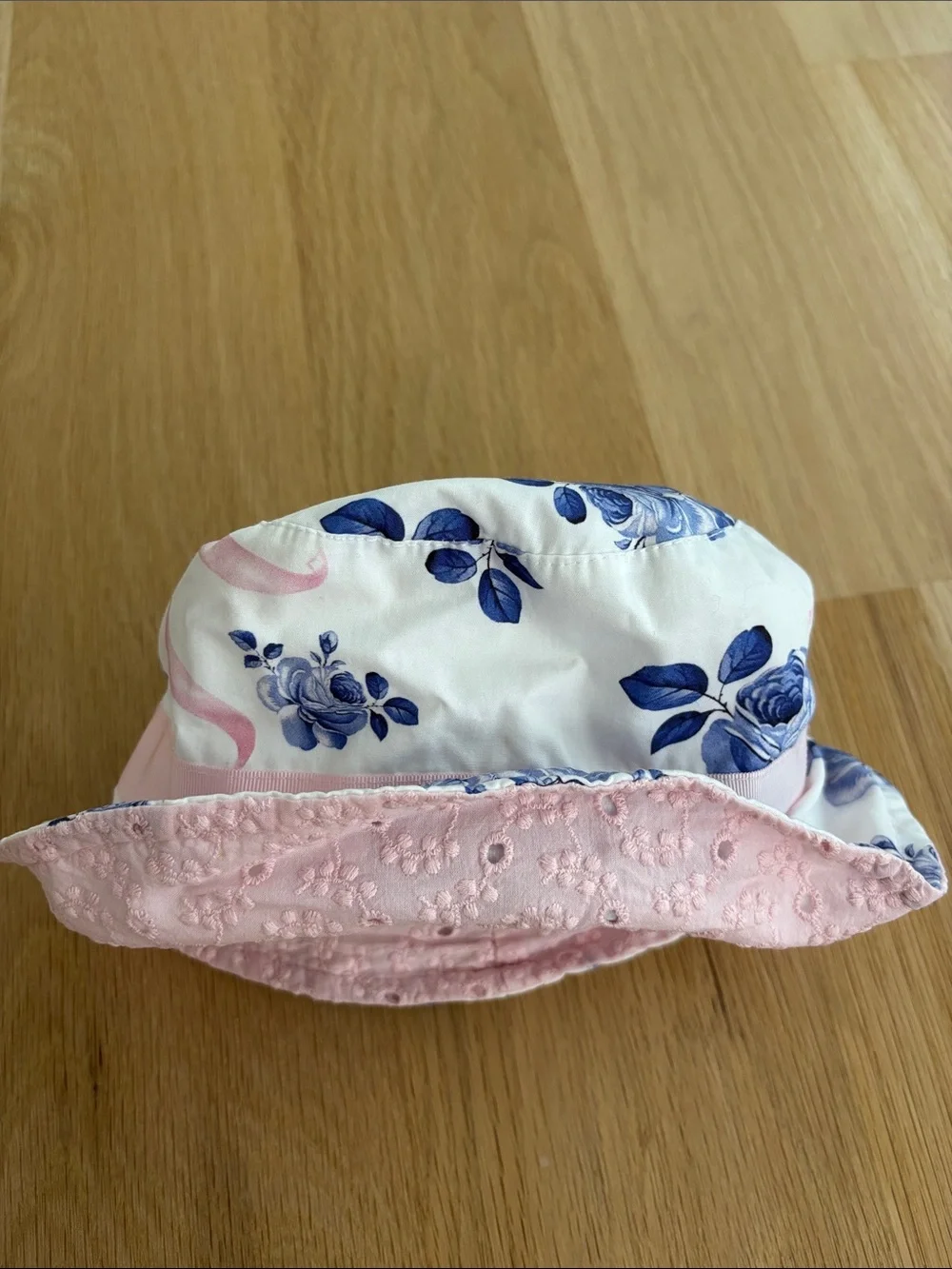 MonnaLisa Blue & White Floral Sun Hat with Pink Eyelet Trim & Pink Bow